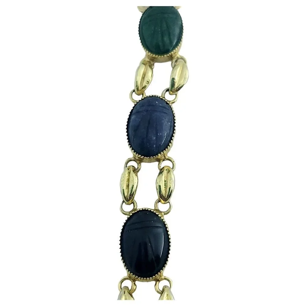 Vintage Egyptian Revival Wrist Watch Carved Gemstone Scarabs By Sutton WORKS